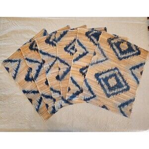 Southwestern Print Woven Wicker Rattan Placemats Set of 6 Tan Aqua Blue Diamond